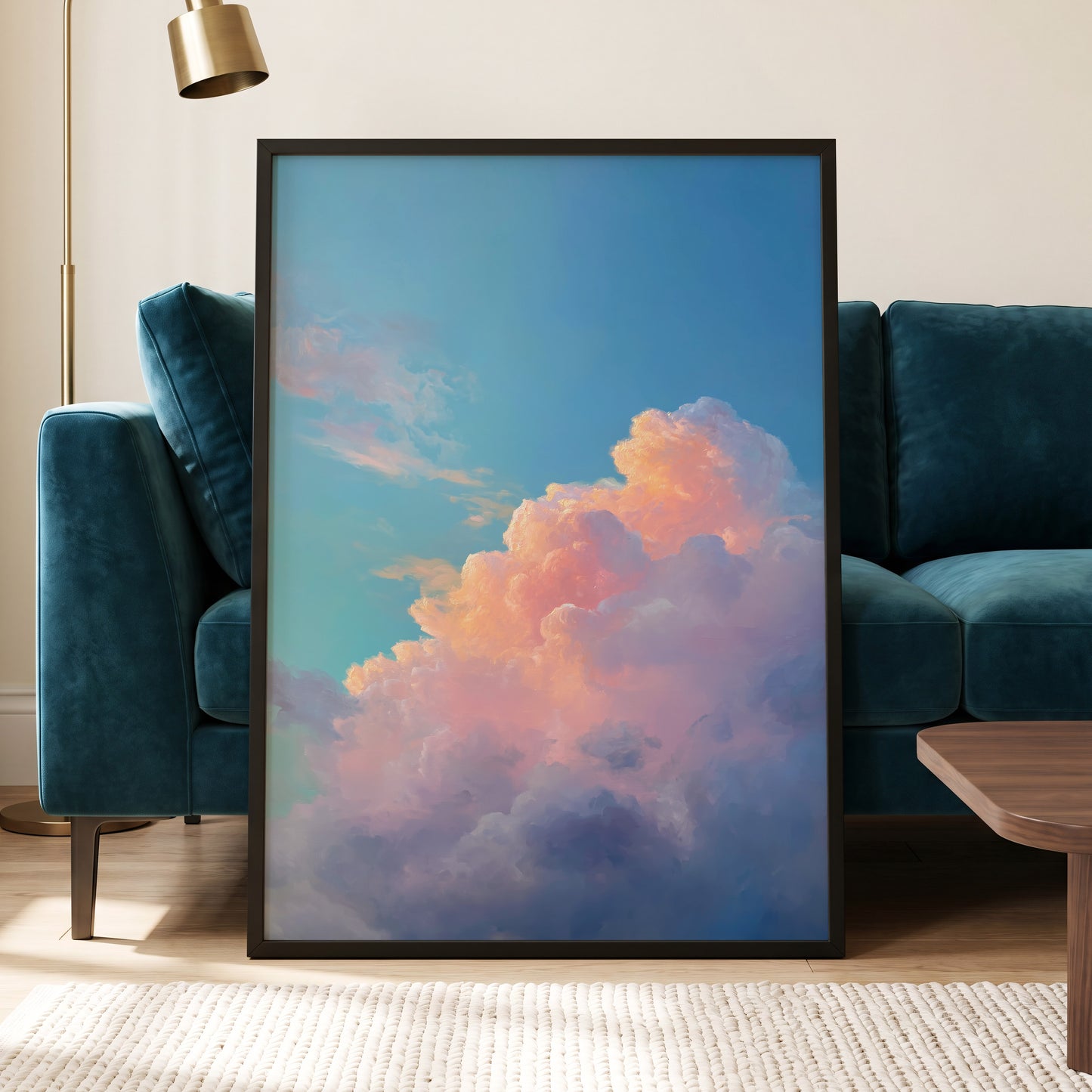 Clouds at Blush Hour, blue, pink, purple nature wall art displayed in a styled interior, gallery view 6