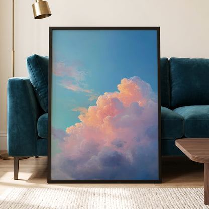 Clouds at Blush Hour, blue, pink, purple nature wall art displayed in a styled interior, gallery view 6