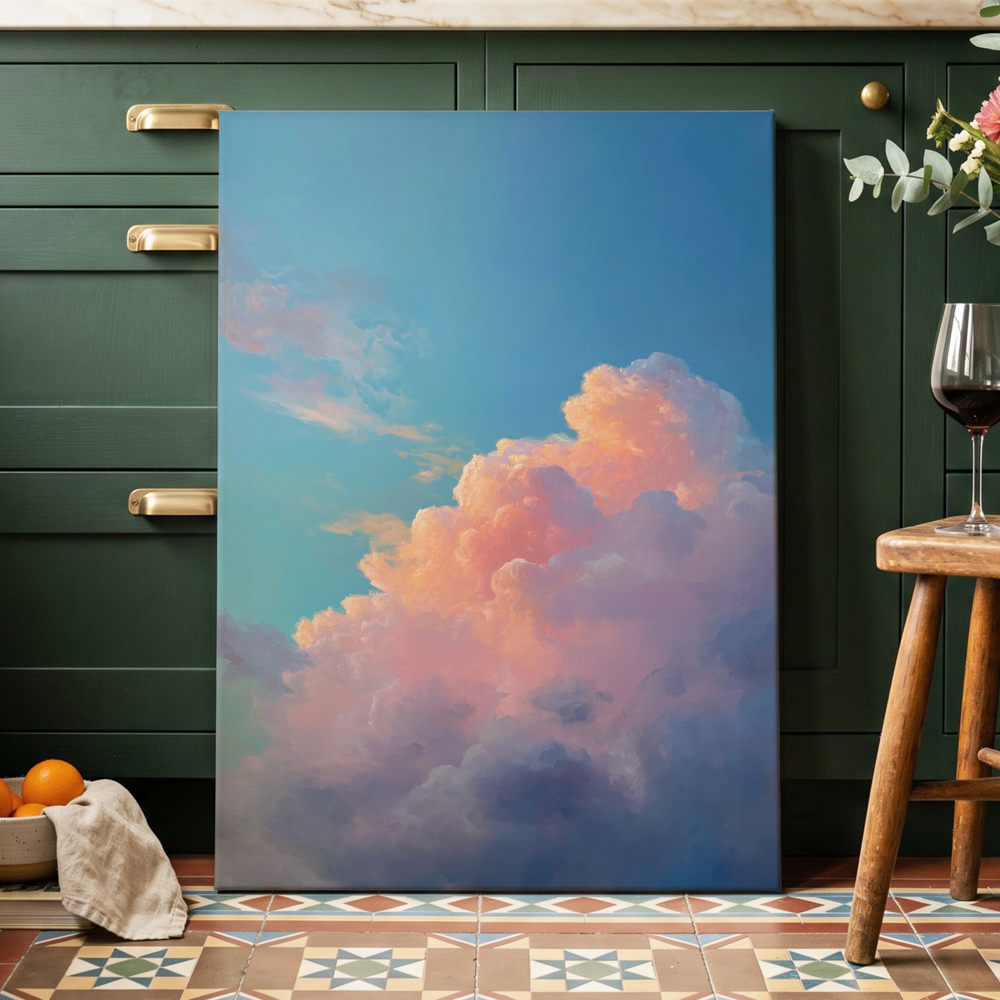 Clouds at Blush Hour, blue, pink, purple nature wall art displayed in a styled interior, gallery view 7