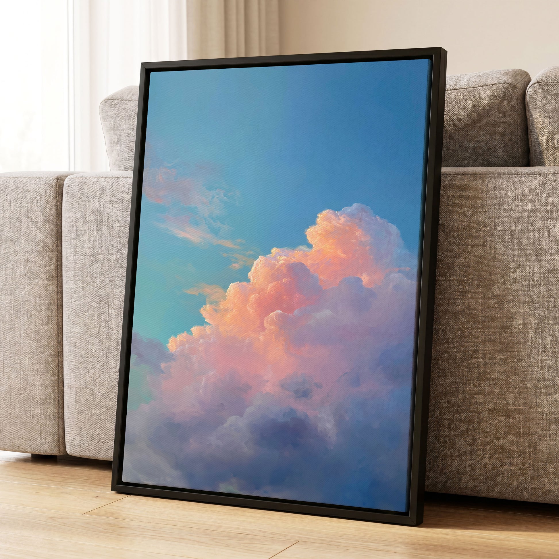 Clouds at Blush Hour, blue, pink, purple nature wall art displayed in a styled interior, gallery view 8