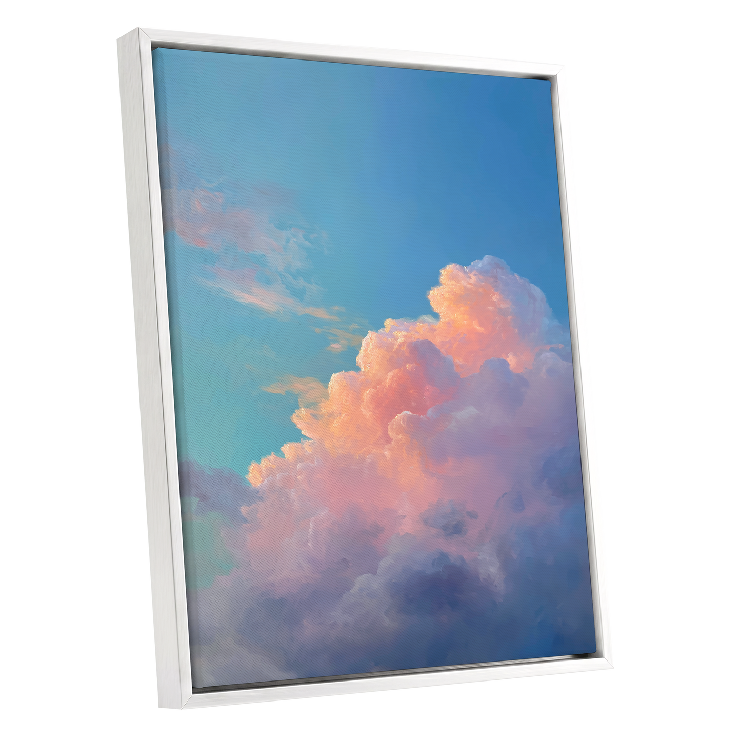 Clouds at Blush Hour, blue, pink, purple nature wall art shown as a white framed canvas wall art