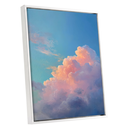 Clouds at Blush Hour, blue, pink, purple nature wall art shown as a white framed canvas wall art