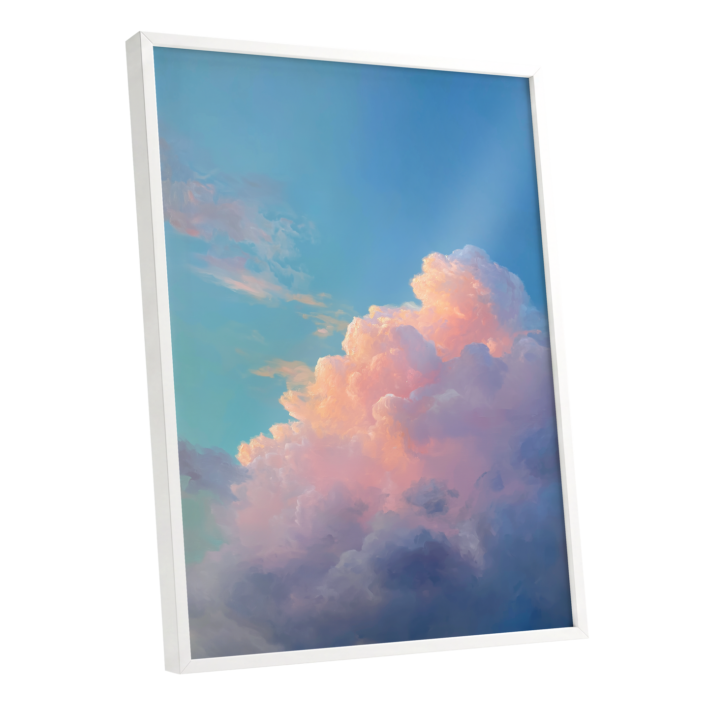 Clouds at Blush Hour, blue, pink, purple nature wall art shown as a white framed poster wall art print