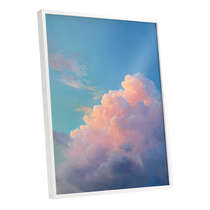 Clouds at Blush Hour, blue, pink, purple nature wall art shown as a white framed poster wall art print