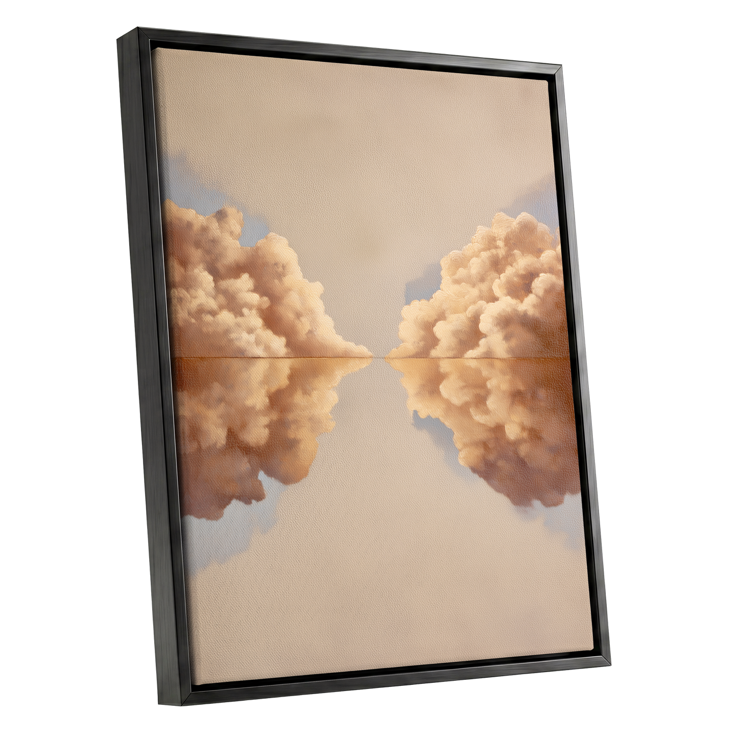 Clouds at the Quiet Divide, beige, gold, brown nature wall art shown as a black framed canvas wall art