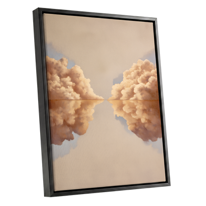 Clouds at the Quiet Divide, beige, gold, brown nature wall art shown as a black framed canvas wall art