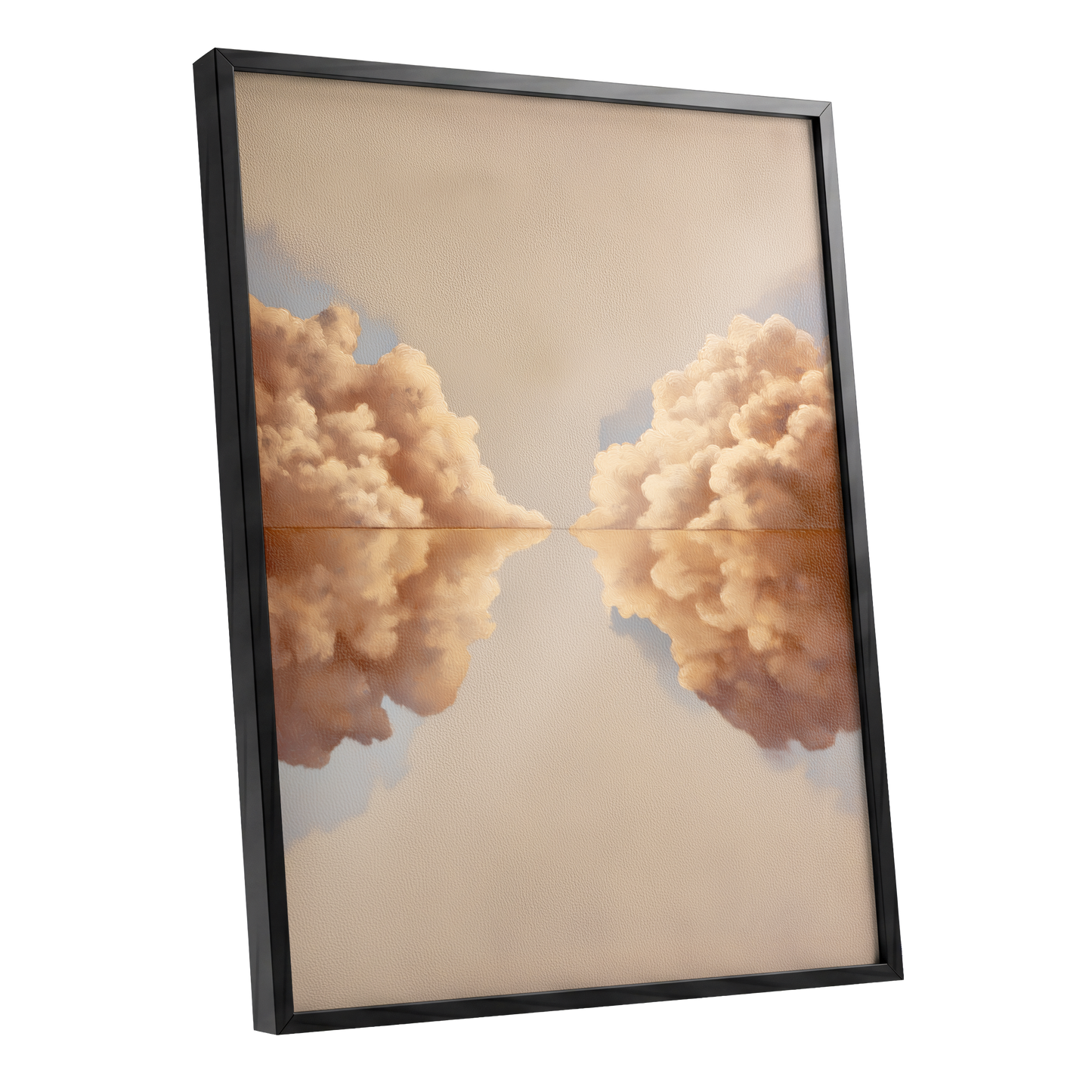 Clouds at the Quiet Divide, beige, gold, brown nature wall art shown as a black framed poster wall art print