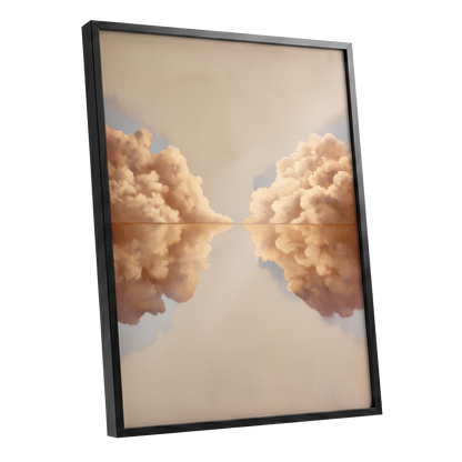 Clouds at the Quiet Divide, beige, gold, brown nature wall art shown as a black framed poster wall art print
