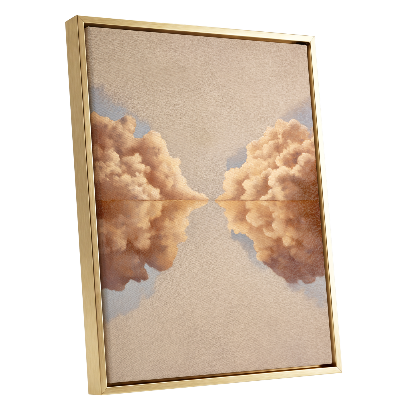 Clouds at the Quiet Divide, beige, gold, brown nature wall art shown as a gold framed canvas wall art