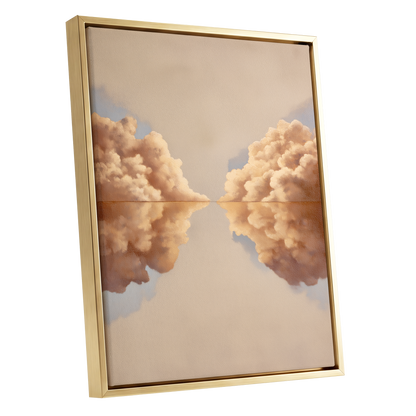 Clouds at the Quiet Divide, beige, gold, brown nature wall art shown as a gold framed canvas wall art