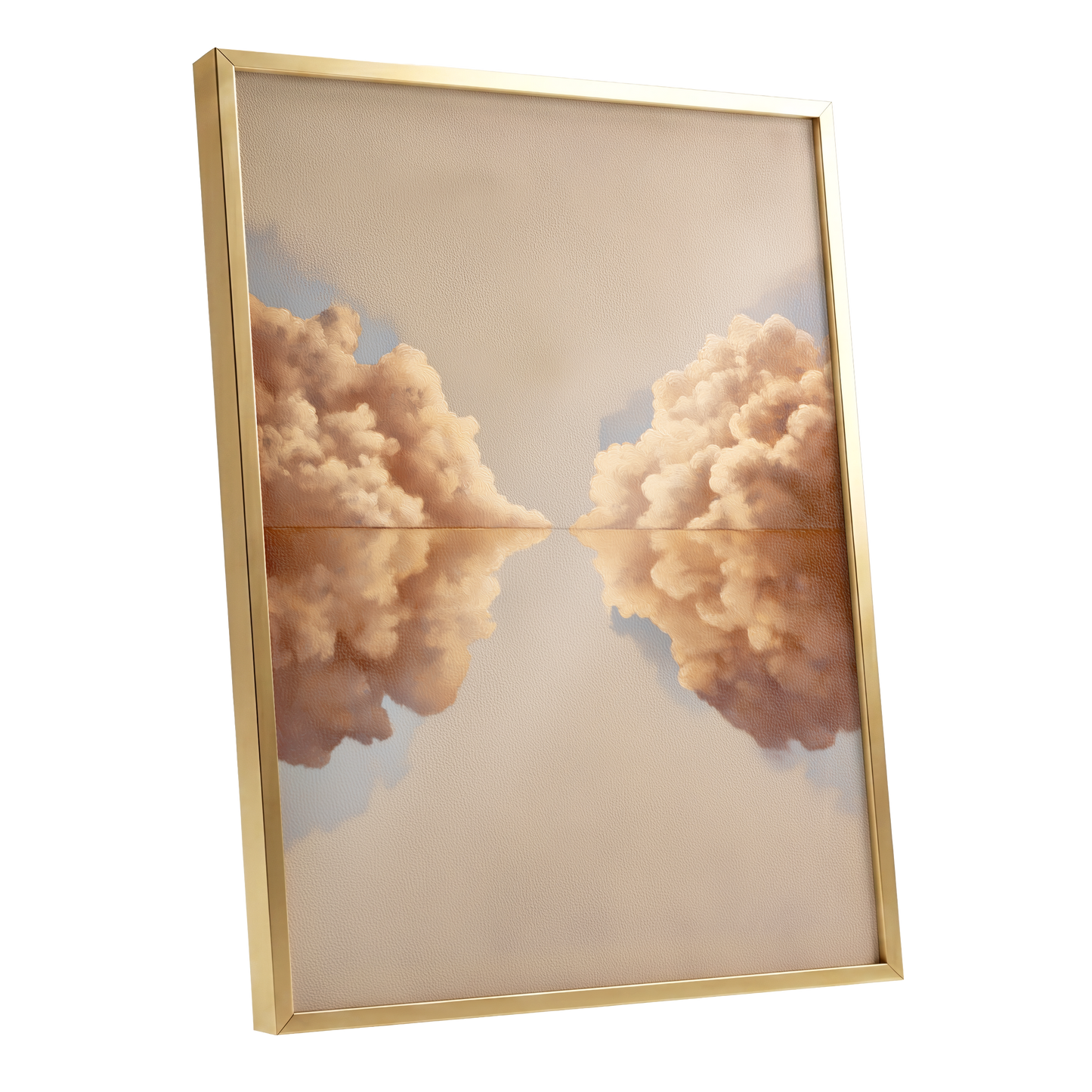 Clouds at the Quiet Divide, beige, gold, brown nature wall art shown as a gold framed poster wall art print
