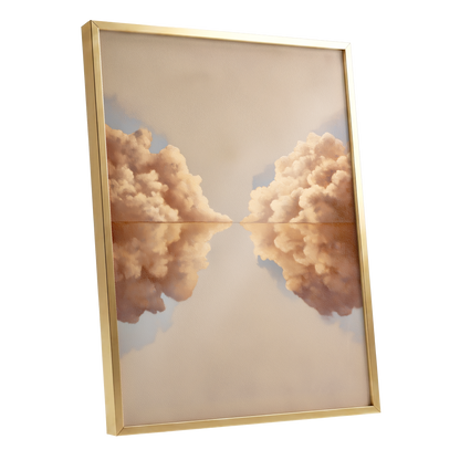 Clouds at the Quiet Divide, beige, gold, brown nature wall art shown as a gold framed poster wall art print