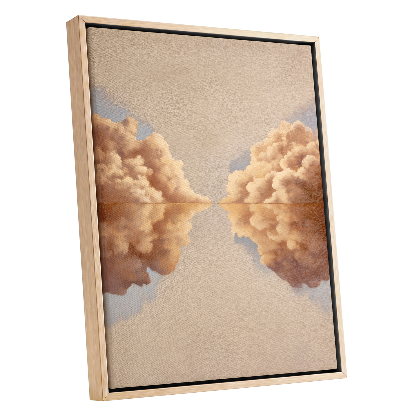 Clouds at the Quiet Divide, beige, gold, brown nature wall art shown as a oak framed canvas wall art