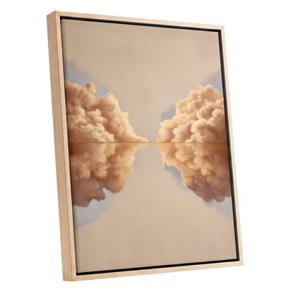 Clouds at the Quiet Divide, beige, gold, brown nature wall art shown as a oak framed canvas wall art