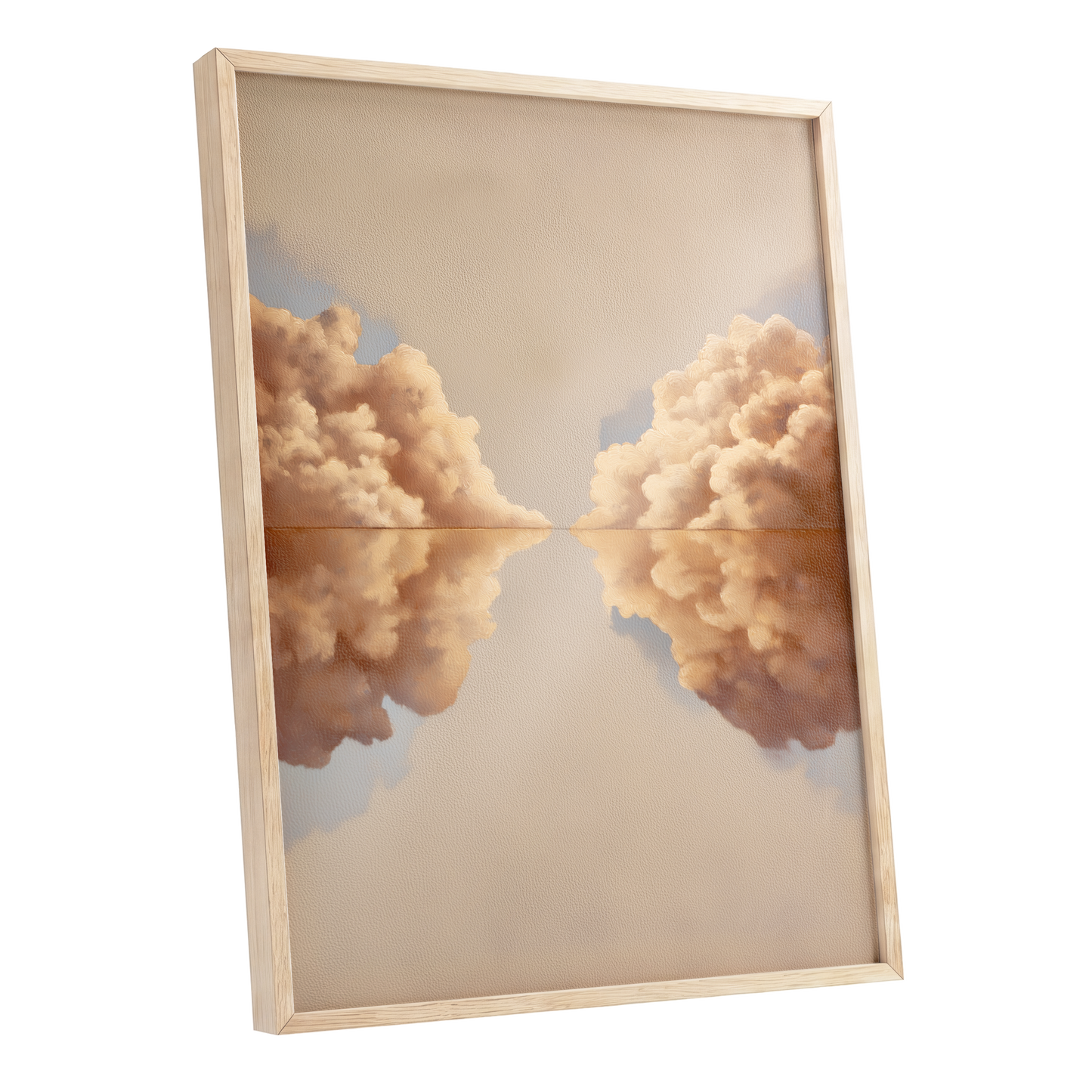 Clouds at the Quiet Divide, beige, gold, brown nature wall art shown as a oak framed poster wall art print
