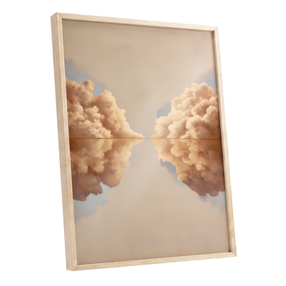 Clouds at the Quiet Divide, beige, gold, brown nature wall art shown as a oak framed poster wall art print
