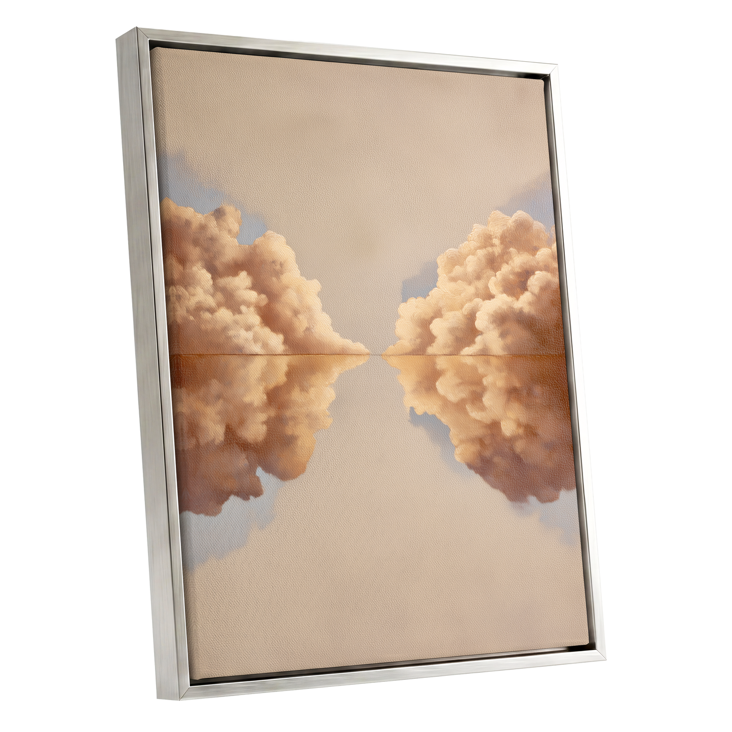 Clouds at the Quiet Divide, beige, gold, brown nature wall art shown as a silver framed canvas wall art