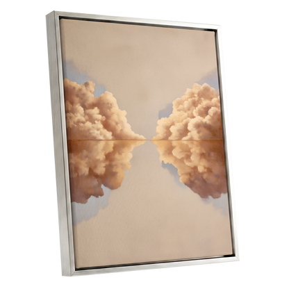 Clouds at the Quiet Divide, beige, gold, brown nature wall art shown as a silver framed canvas wall art