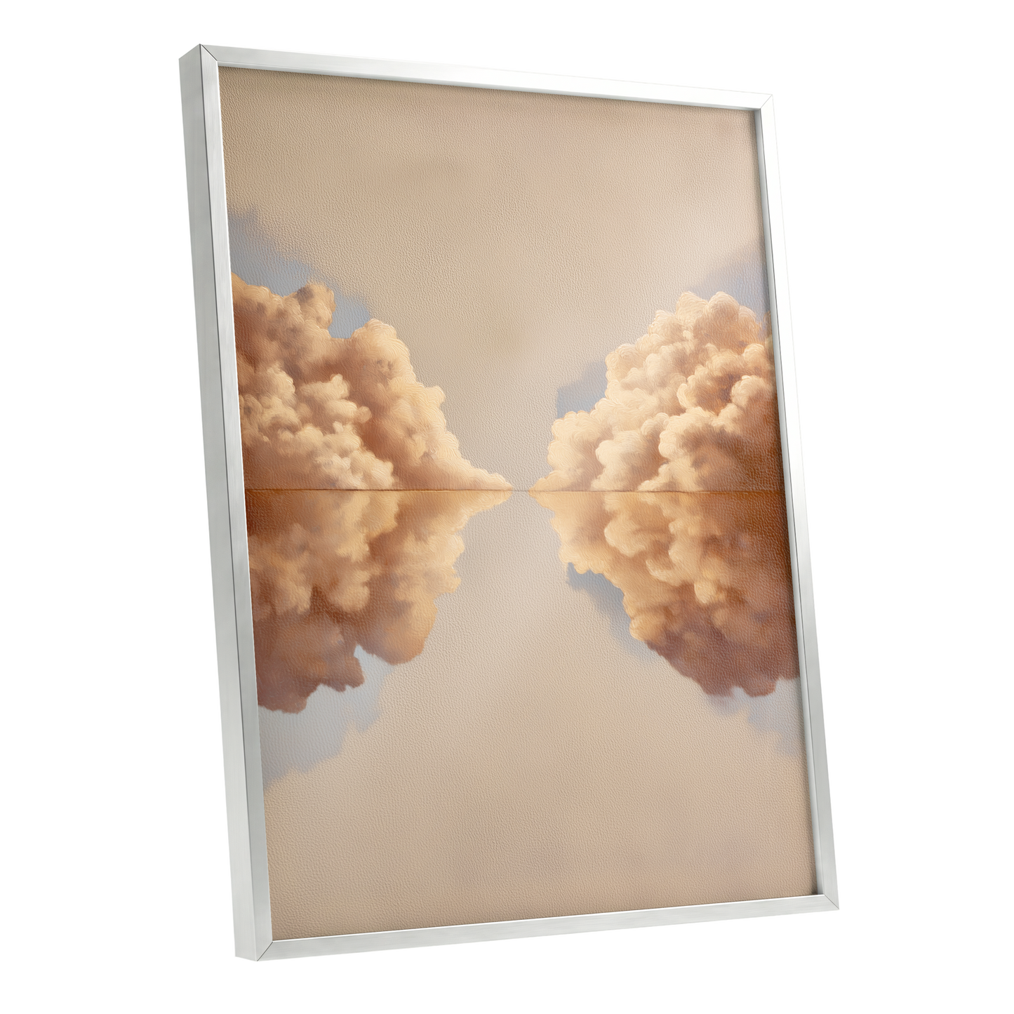 Clouds at the Quiet Divide, beige, gold, brown nature wall art shown as a silver framed poster wall art print