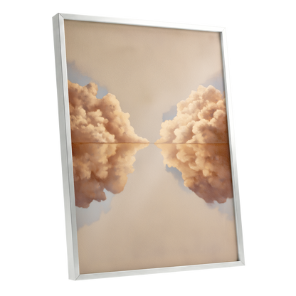 Clouds at the Quiet Divide, beige, gold, brown nature wall art shown as a silver framed poster wall art print