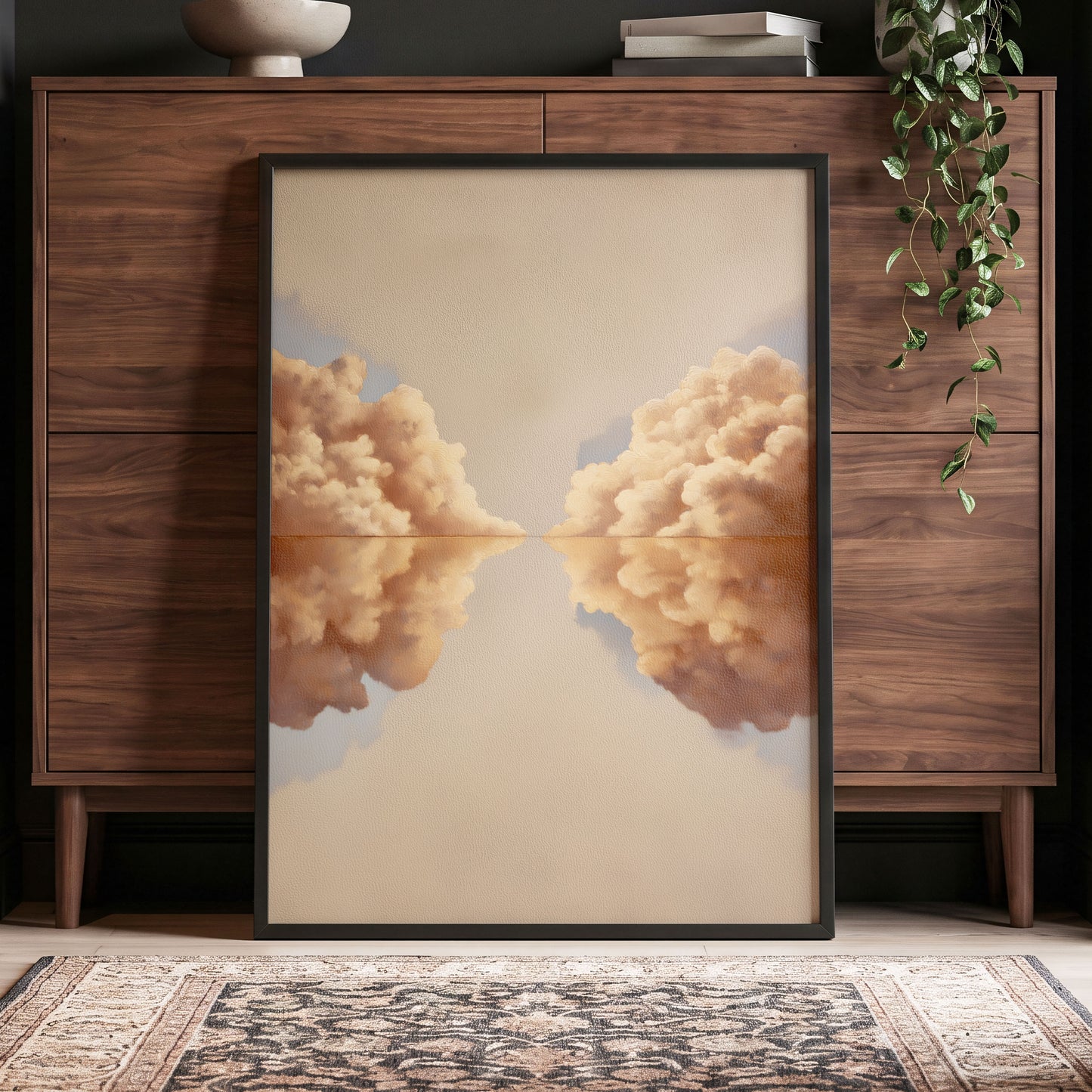 Clouds at the Quiet Divide, beige, gold, brown nature wall art displayed in a styled interior, gallery view 2