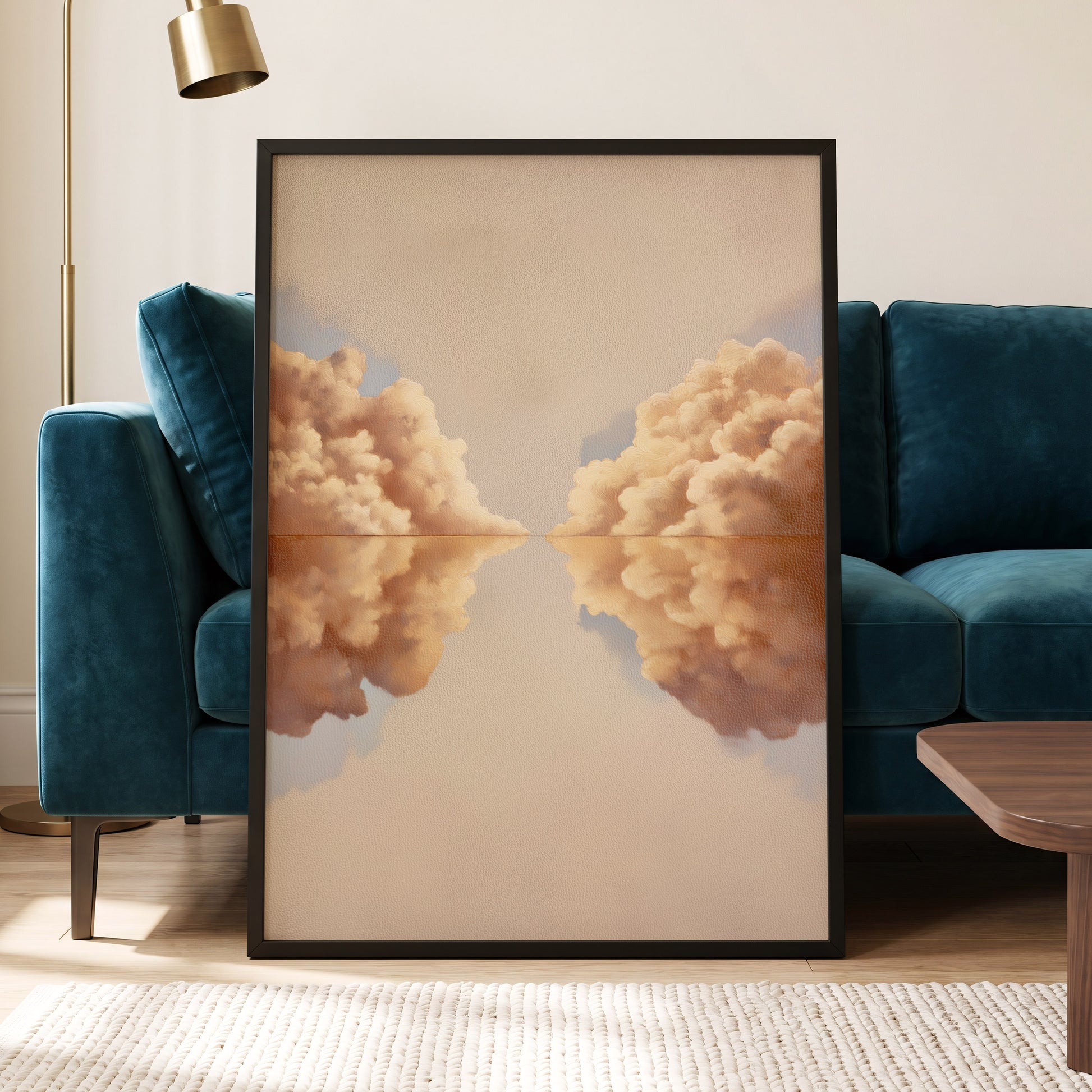 Clouds at the Quiet Divide, beige, gold, brown nature wall art displayed in a styled interior, gallery view 6