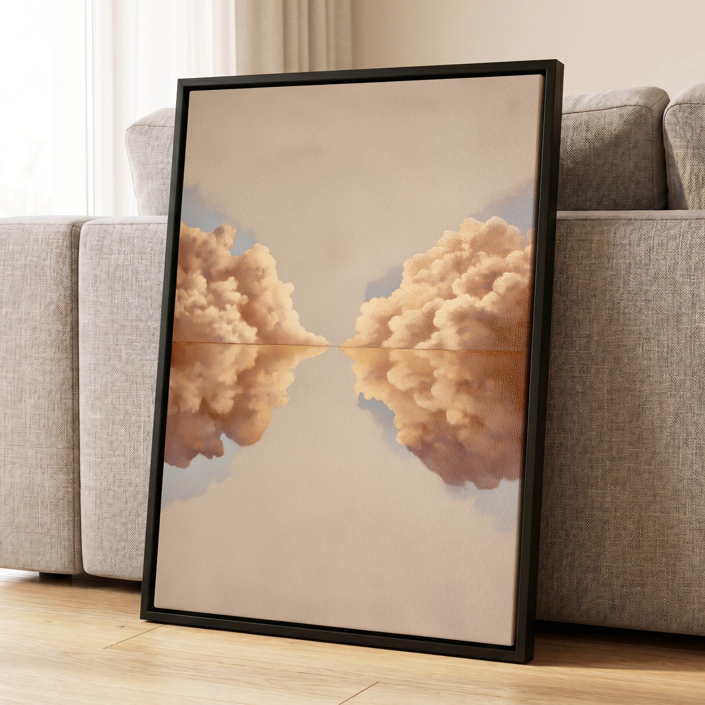 Clouds at the Quiet Divide, beige, gold, brown nature wall art displayed in a styled interior, gallery view 8
