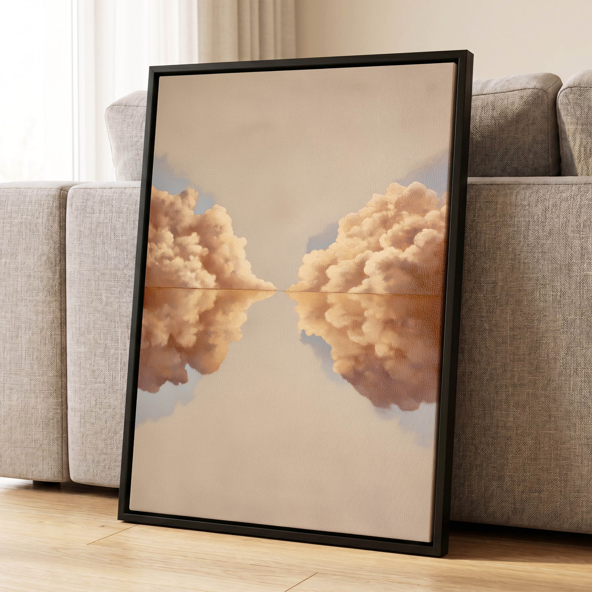 Clouds at the Quiet Divide, beige, gold, brown nature wall art displayed in a styled interior, gallery view 8