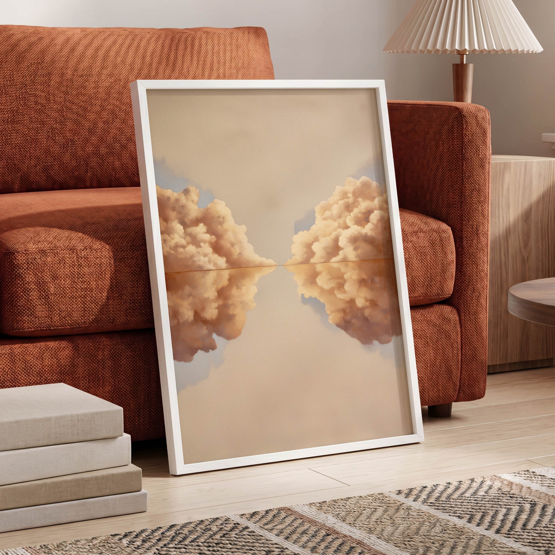 Clouds at the Quiet Divide, beige, gold, brown nature wall art displayed in a styled interior, gallery view 9