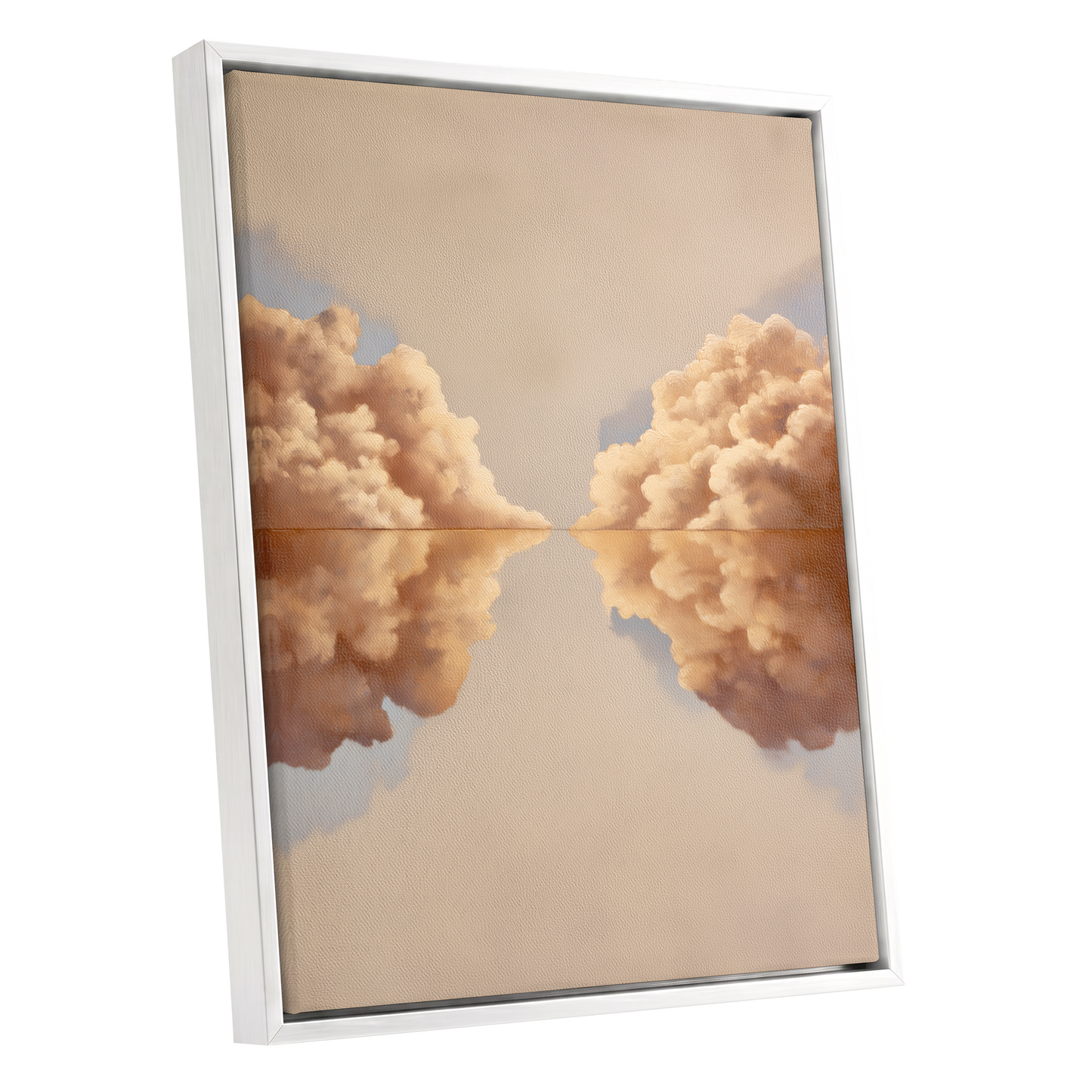 Clouds at the Quiet Divide, beige, gold, brown nature wall art shown as a white framed canvas wall art
