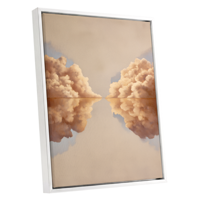 Clouds at the Quiet Divide, beige, gold, brown nature wall art shown as a white framed canvas wall art