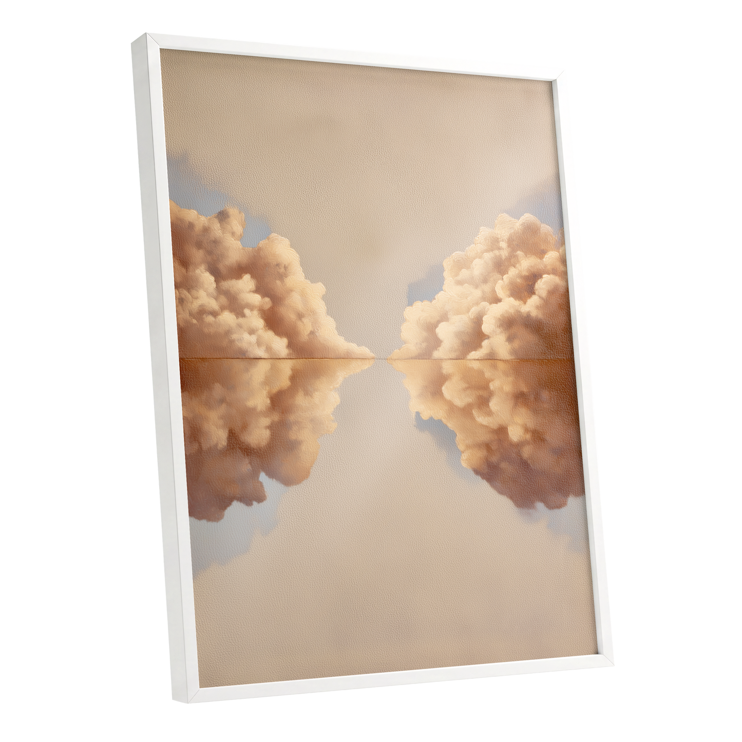 Clouds at the Quiet Divide, beige, gold, brown nature wall art shown as a white framed poster wall art print