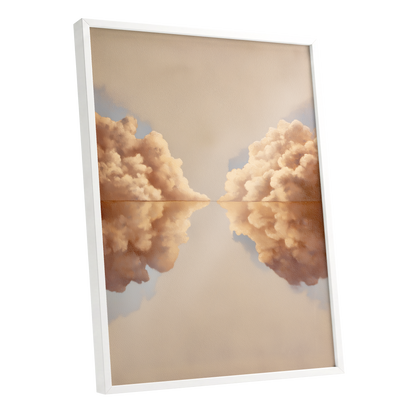 Clouds at the Quiet Divide, beige, gold, brown nature wall art shown as a white framed poster wall art print
