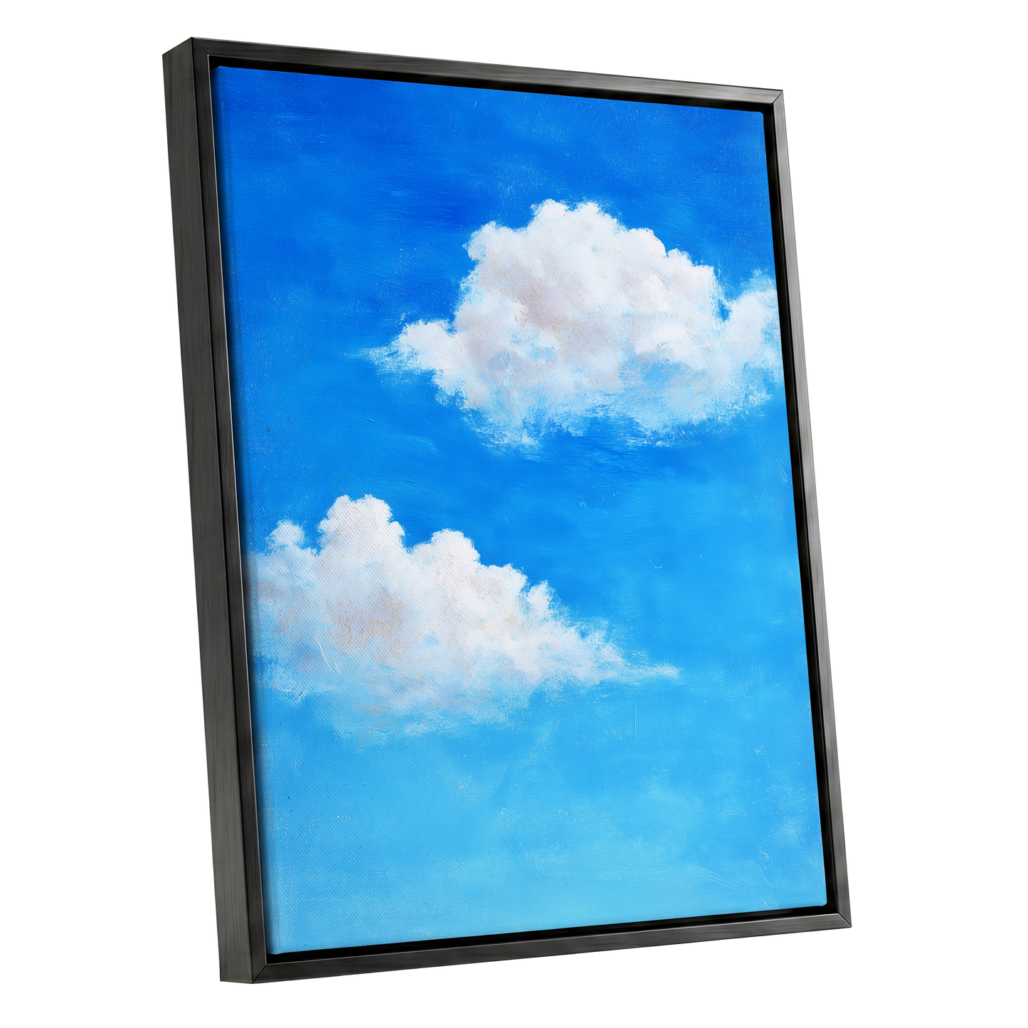 Clouds in Cobalt, blue, white, beige nature wall art shown as a black framed canvas wall art
