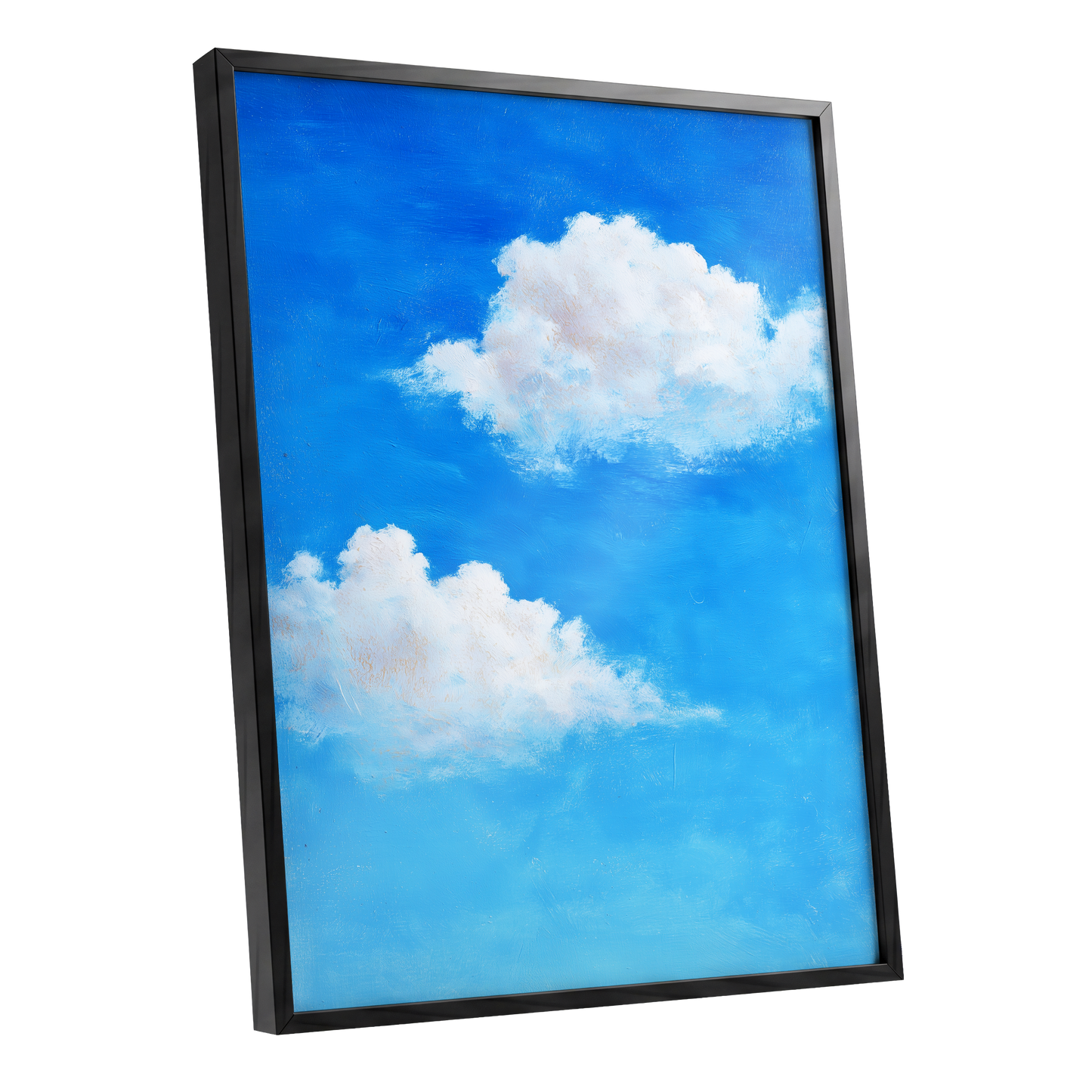 Clouds in Cobalt, blue, white, beige nature wall art shown as a black framed poster wall art print