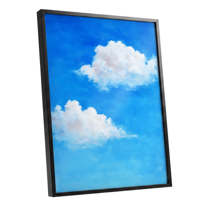 Clouds in Cobalt, blue, white, beige nature wall art shown as a black framed poster wall art print