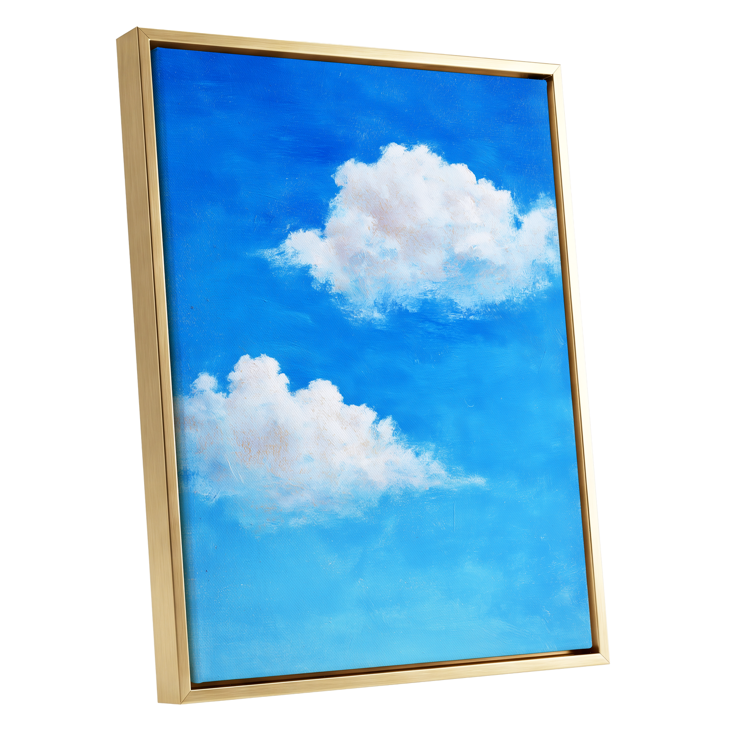 Clouds in Cobalt, blue, white, beige nature wall art shown as a gold framed canvas wall art