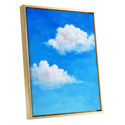 Clouds in Cobalt, blue, white, beige nature wall art shown as a gold framed canvas wall art