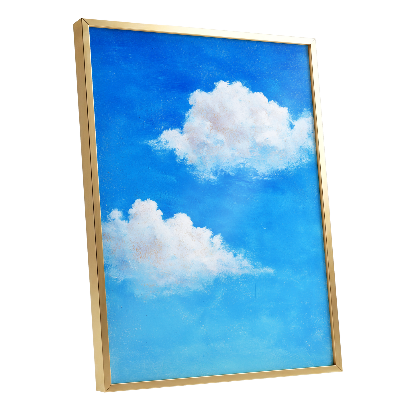 Clouds in Cobalt, blue, white, beige nature wall art shown as a gold framed poster wall art print
