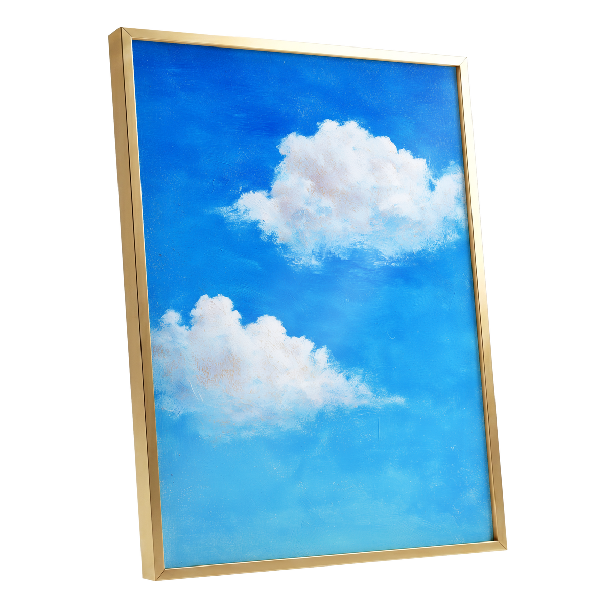Clouds in Cobalt, blue, white, beige nature wall art shown as a gold framed poster wall art print