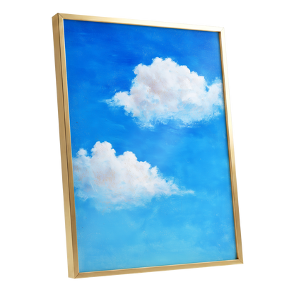 Clouds in Cobalt, blue, white, beige nature wall art shown as a gold framed poster wall art print