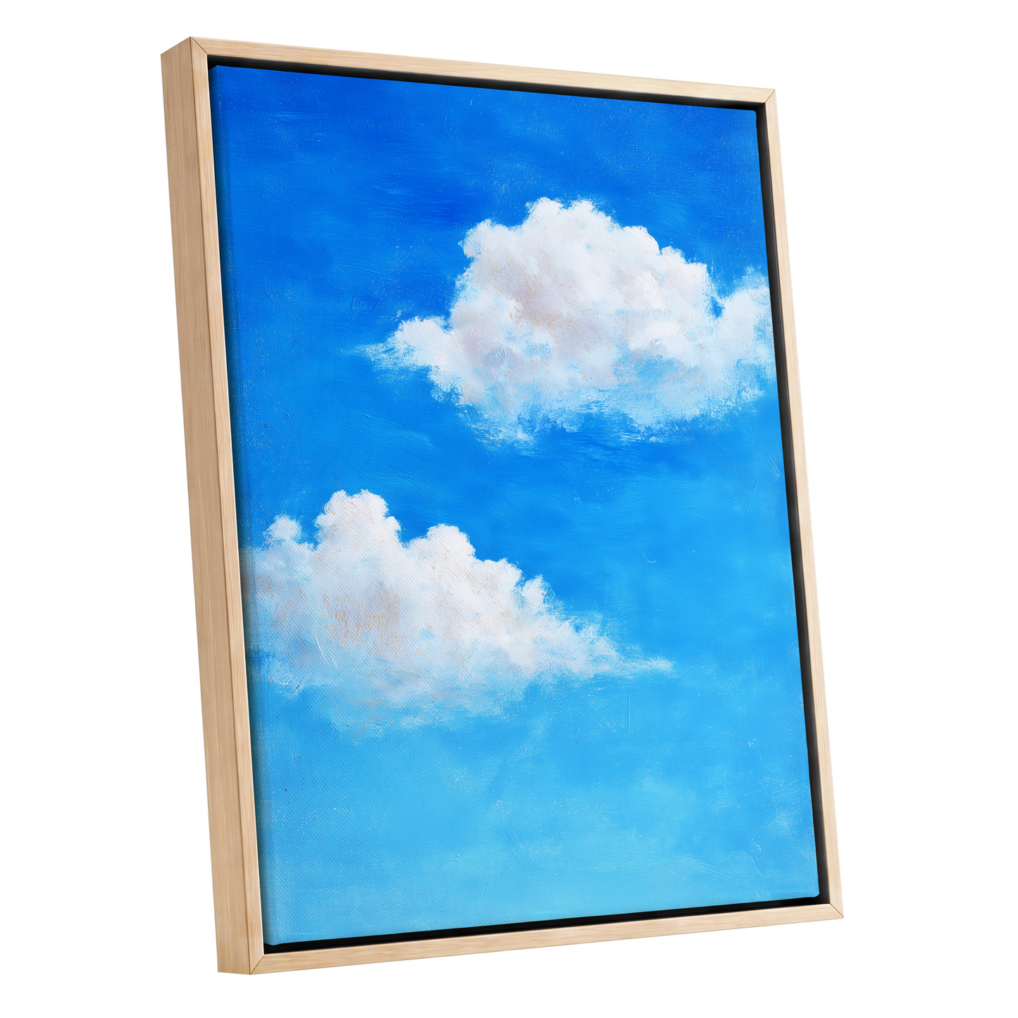 Clouds in Cobalt, blue, white, beige nature wall art shown as a oak framed canvas wall art