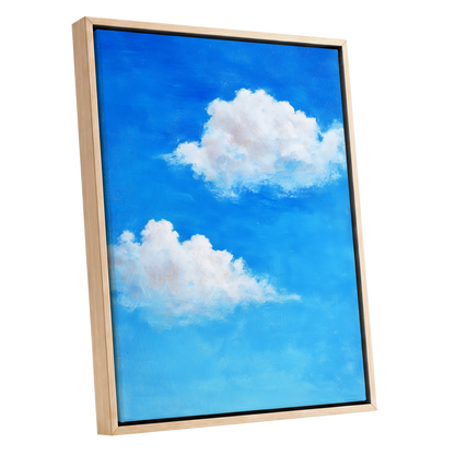 Clouds in Cobalt, blue, white, beige nature wall art shown as a oak framed canvas wall art