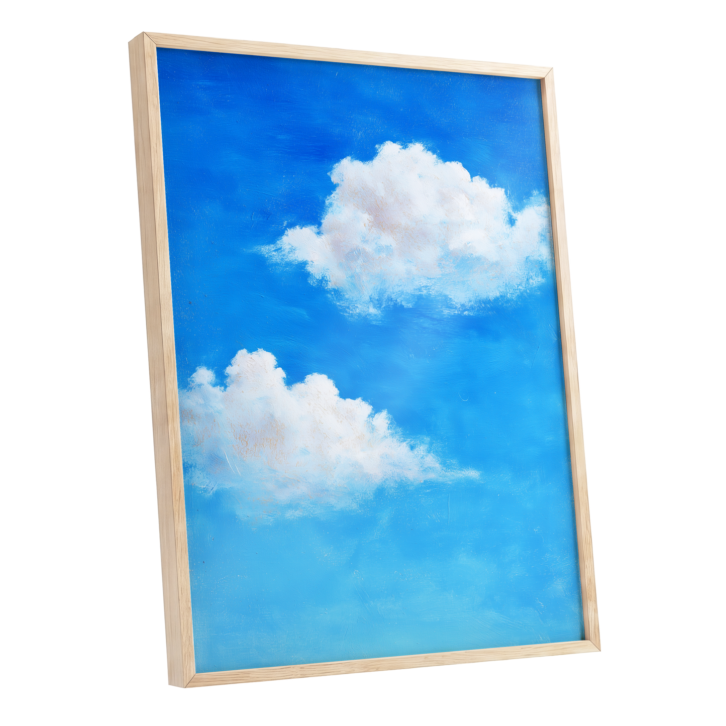 Clouds in Cobalt, blue, white, beige nature wall art shown as a oak framed poster wall art print