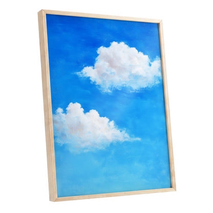 Clouds in Cobalt, blue, white, beige nature wall art shown as a oak framed poster wall art print
