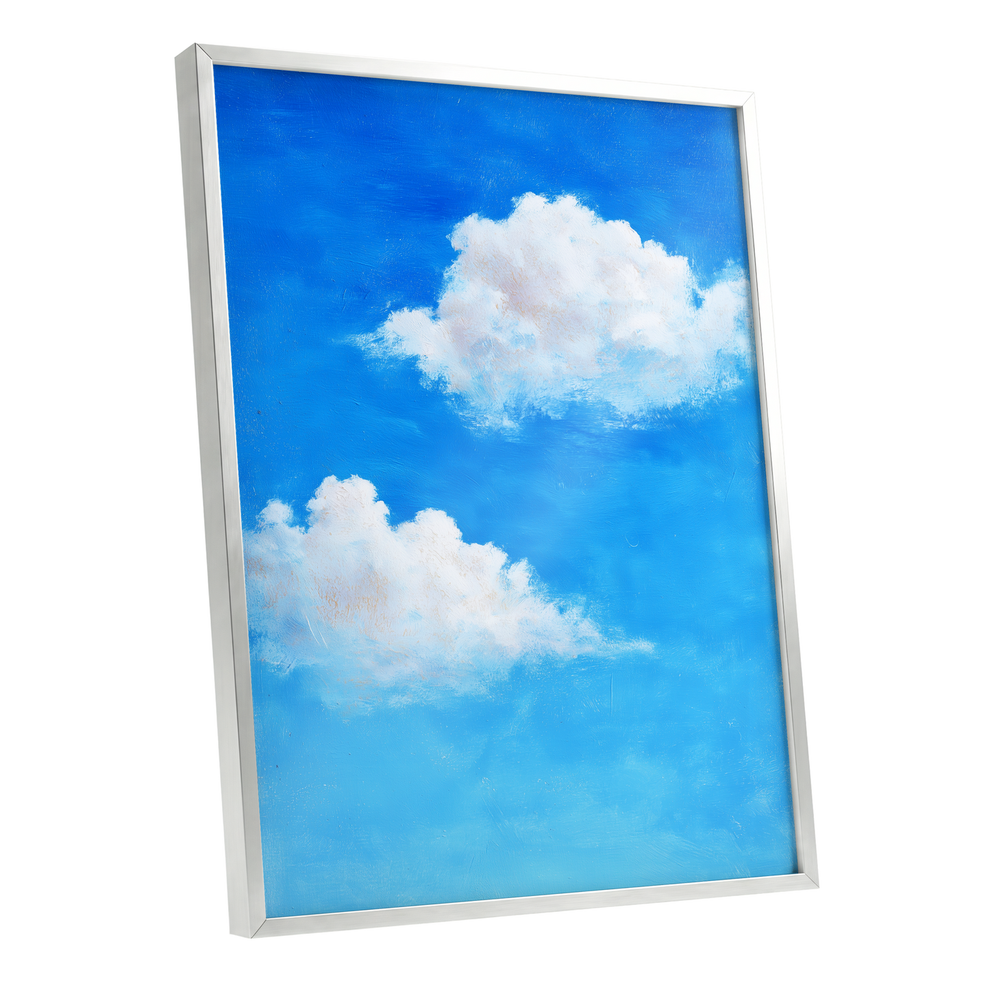 Clouds in Cobalt, blue, white, beige nature wall art shown as a silver framed poster wall art print
