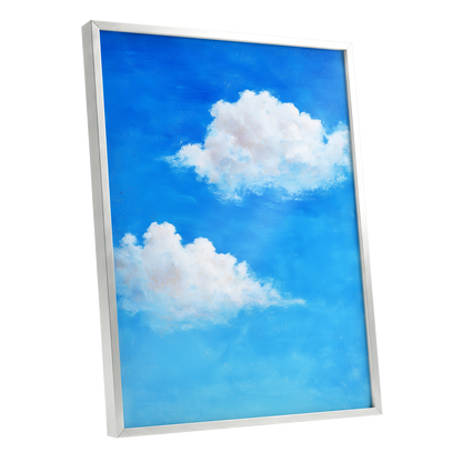 Clouds in Cobalt, blue, white, beige nature wall art shown as a silver framed poster wall art print