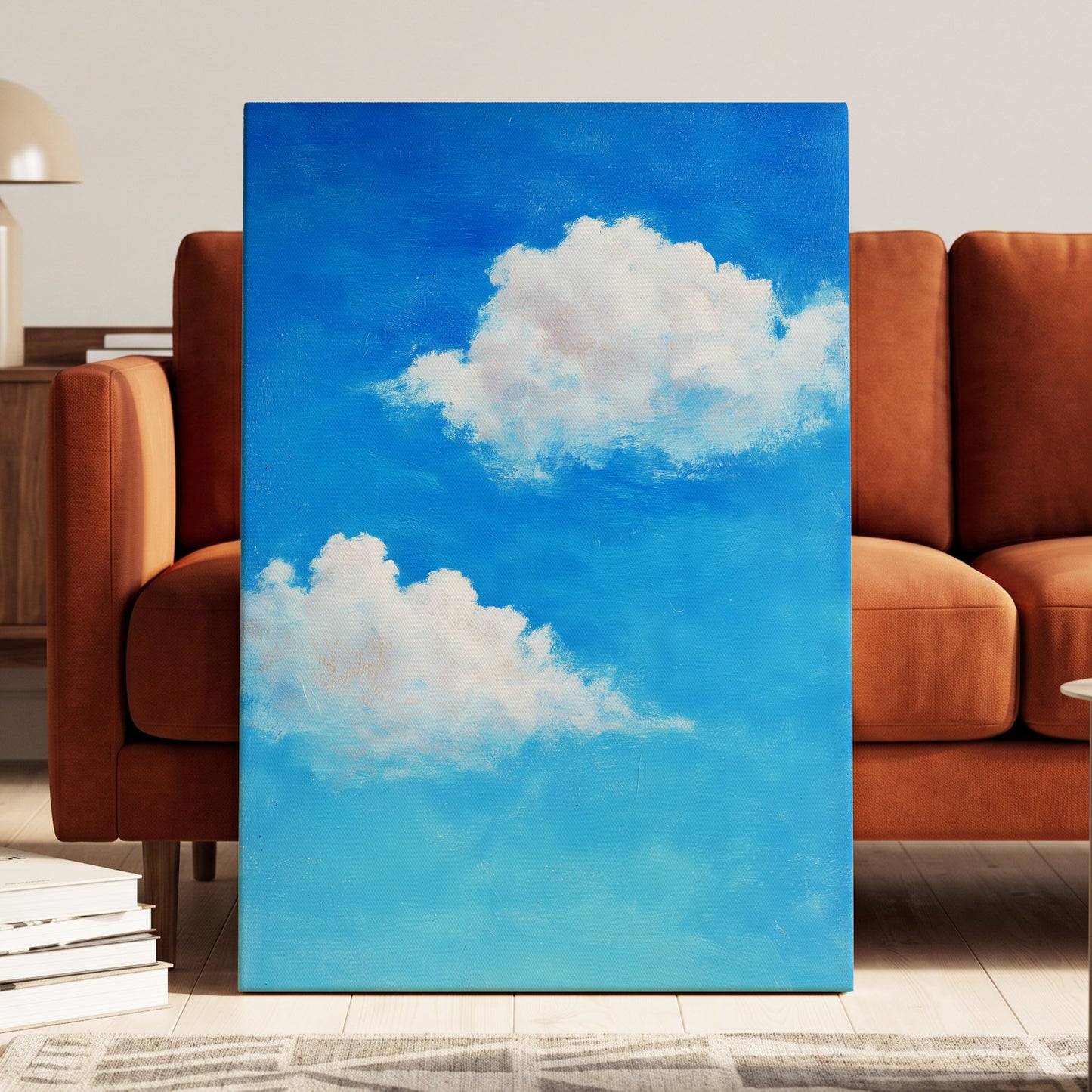 Clouds in Cobalt, blue, white, beige nature wall art displayed in a styled interior, gallery view 3