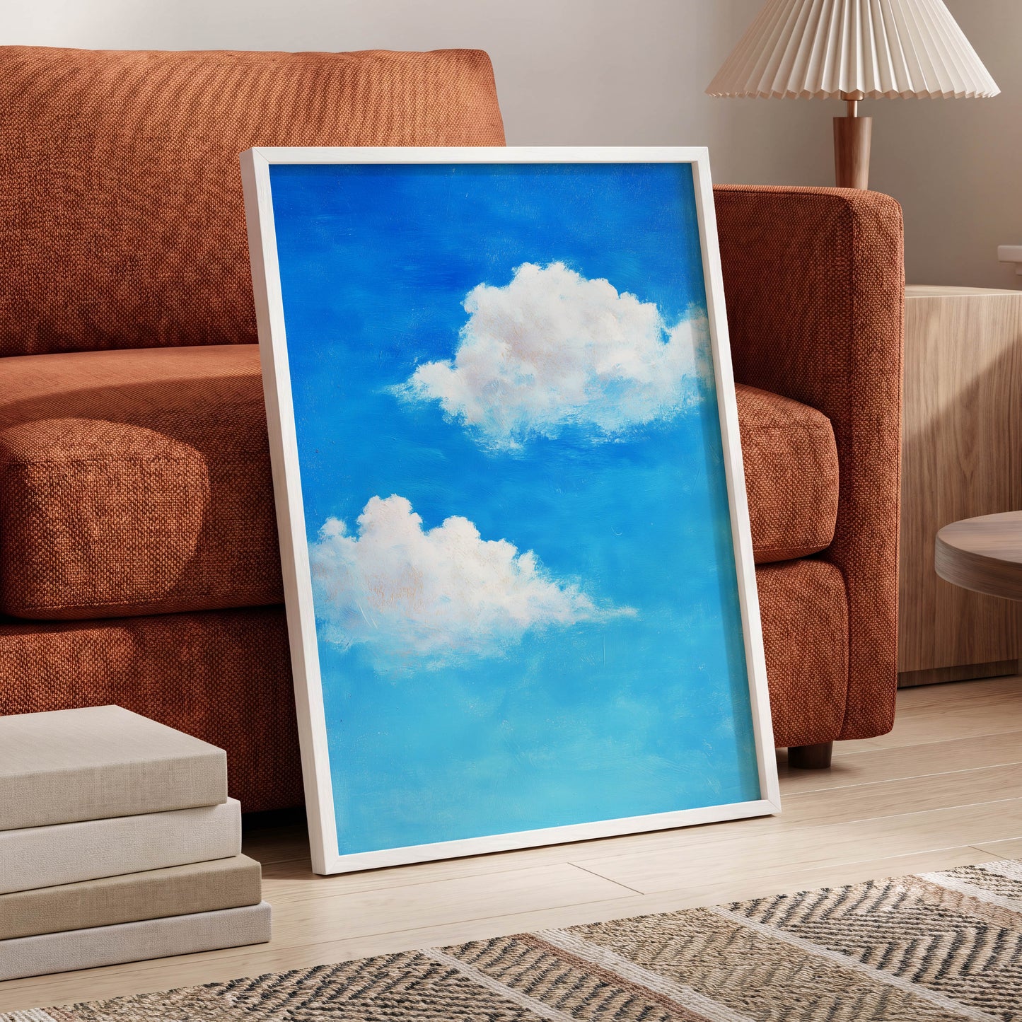 Clouds in Cobalt, blue, white, beige nature wall art displayed in a styled interior, gallery view 6