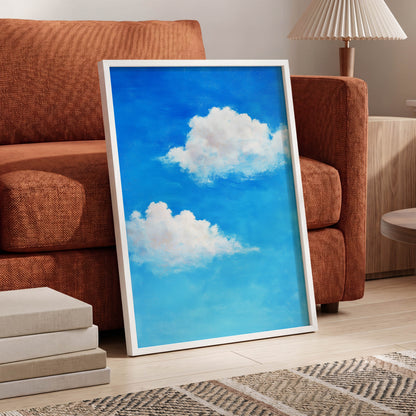 Clouds in Cobalt, blue, white, beige nature wall art displayed in a styled interior, gallery view 6